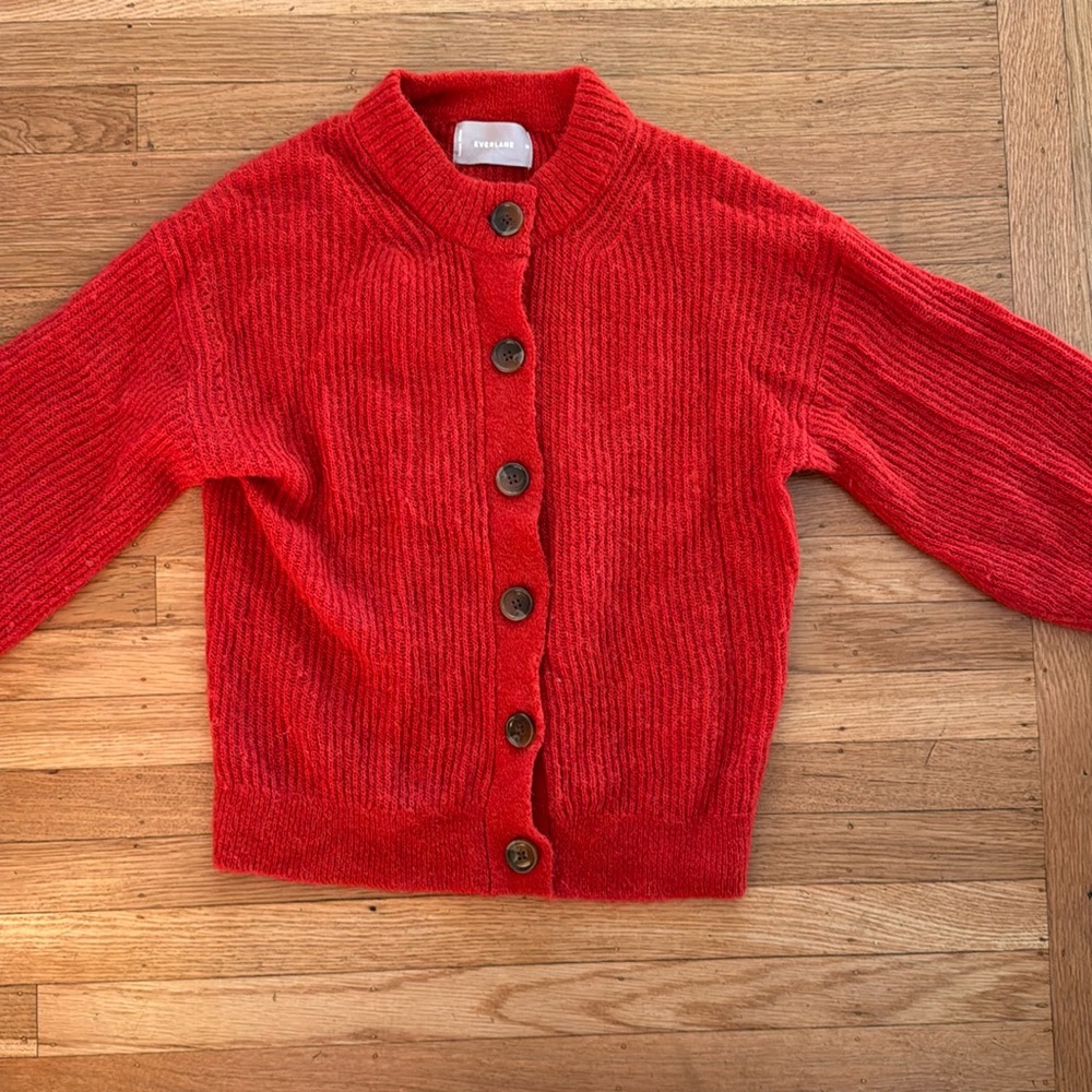 Red alpaca Everlane cardigan